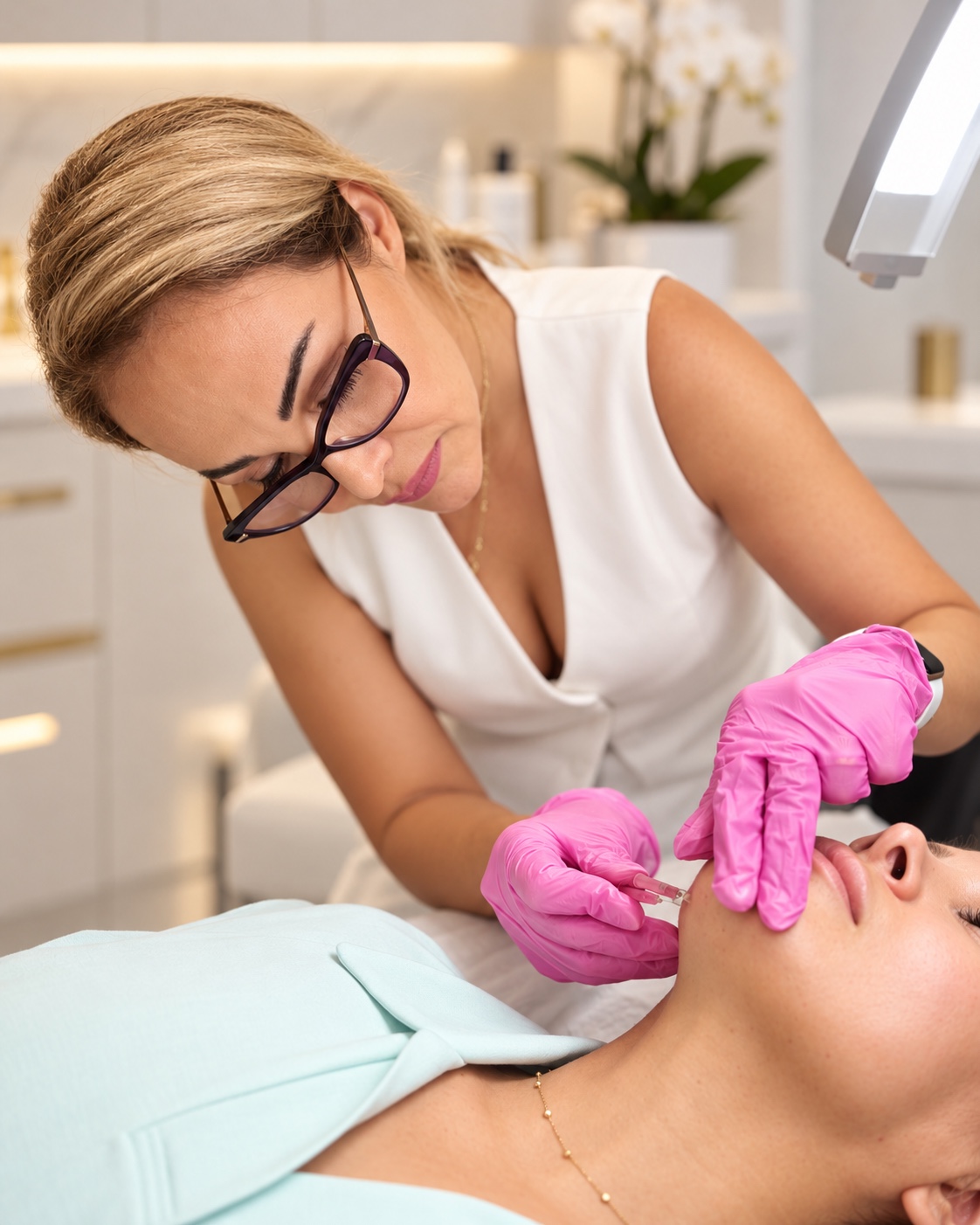 Beauty by Naghmeh providing a professional aesthetic injection treatment while wearing pink gloves